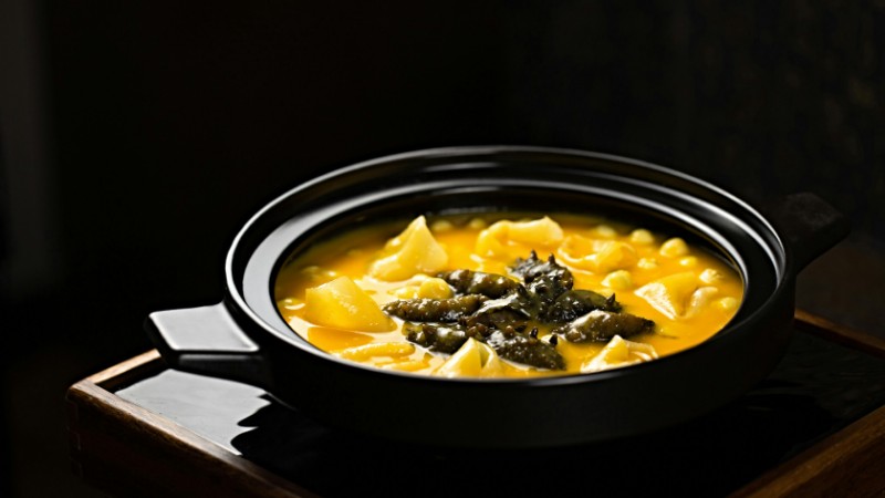 A delicious vegetable stew with pasta in a rustic black pot, perfect for cozy dining., tags: die - pexel